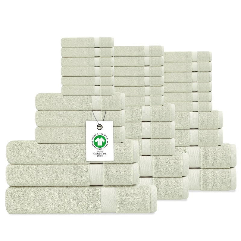 Delara Organic Cotton Luxuriously Plush Bath Towel 33 Piece Set |GOTS & OEKO-TEX Certified |650 GSM Long Staple|Soft & Quick Dry - Green Tint