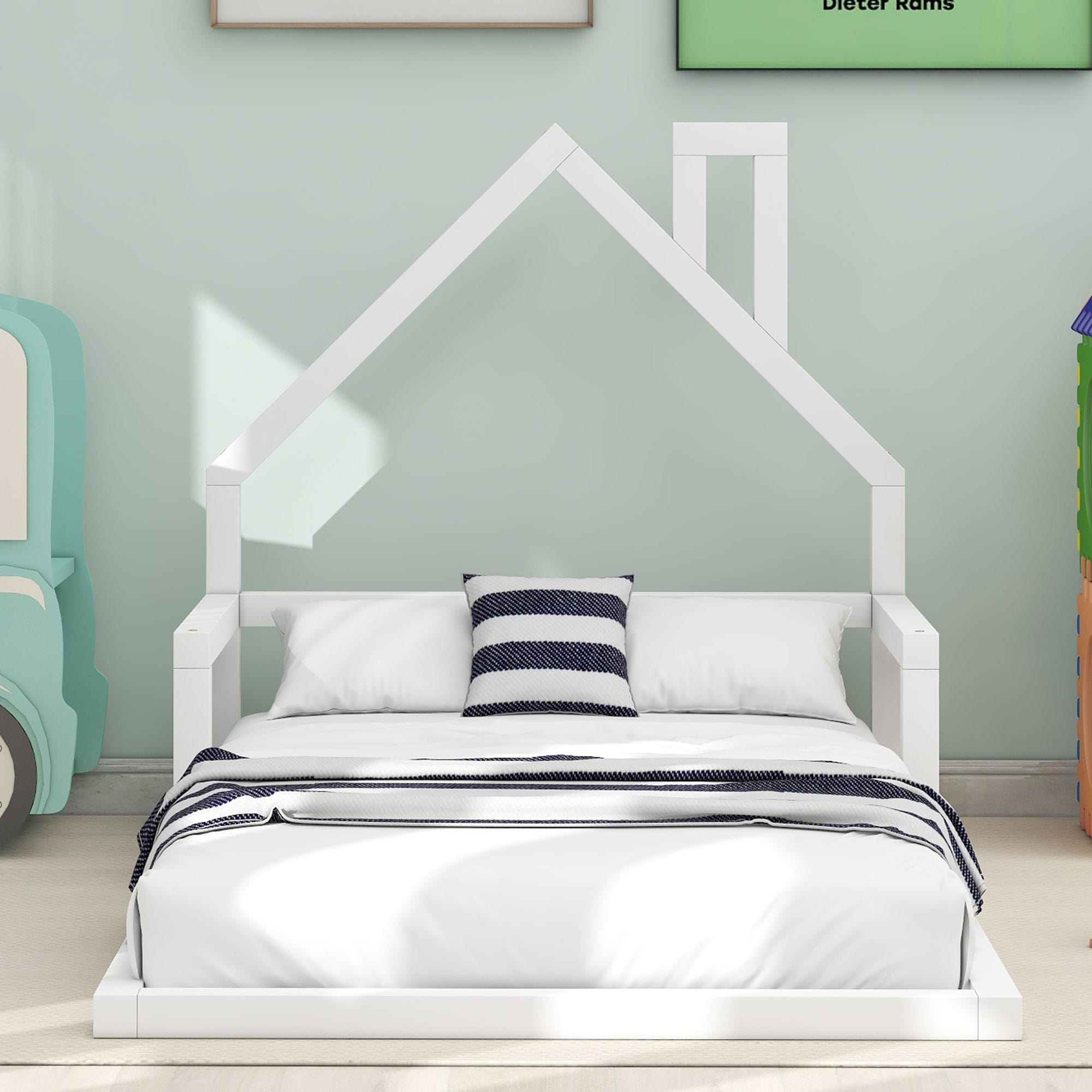 Twin Size Wood Floor Bed with House-Shaped Headboard, Modern Low Profile Platform Frame for Kids