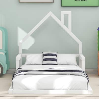Wooden House Bed Frame with Slat Support, Solid Pine Kids Floor Bed with House Shaped Headboard