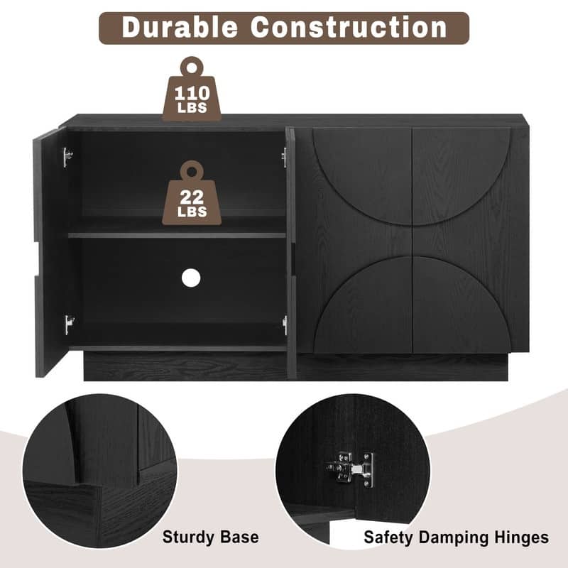 4-Door Large Storage Sideboard, Wood Sideboard Cabinet with Semi-Circular Handles and Adjustable Shelves