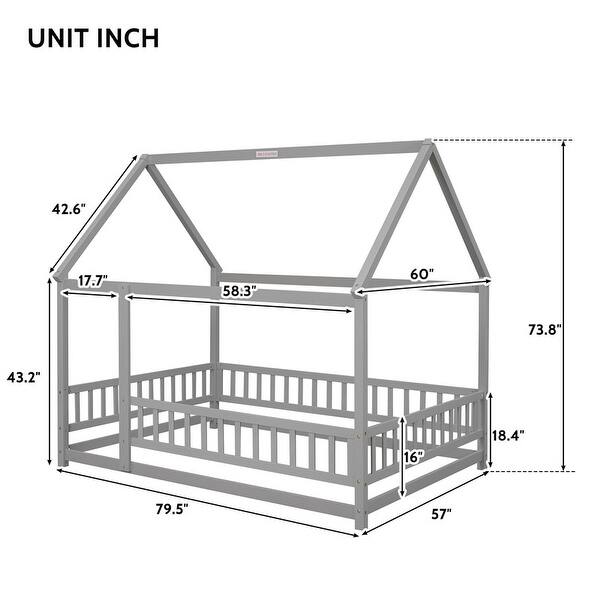 dimension image slide 0 of 2, Full Wood Size Floor Bed with Frame, Platform Bed with Guardrails,House Roof