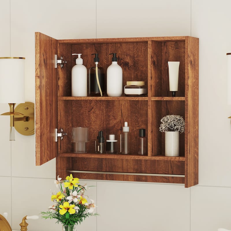 Wall-mounted bathroom medicine cabinet with shelves and a towel rack, designed for over-the-toilet storage and organization.