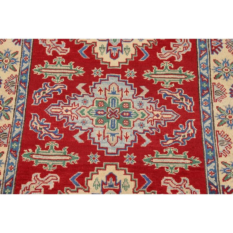 Red Geometric Kazak Foyer Rug Hand-Knotted Oriental Wool Carpet - 3'5" x 5'2"