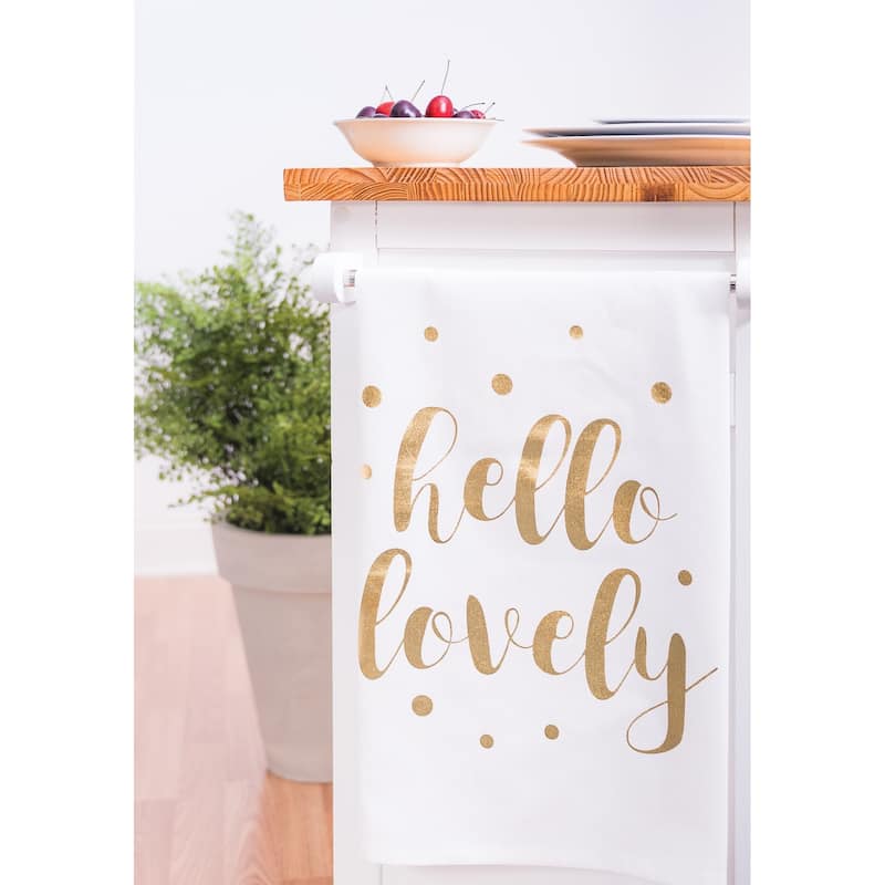 Gold Glamourous Glam "Hello Lovely" Printed Valentine's Day Kitchen Dishtowel