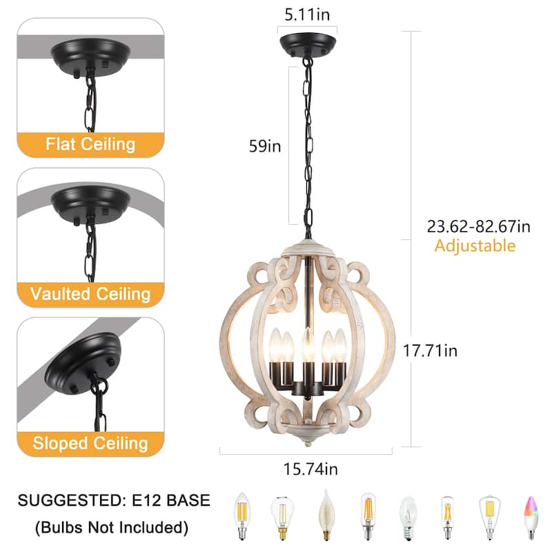 15.75“ 5-Light Rustic Pendant Light, Wood Ceiling Light Farmhouse Shabby Chic Chandelier, Classic Semi Flush Mount Chandelier