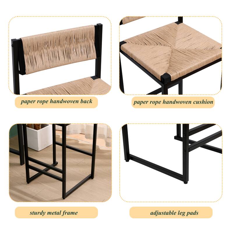 Bar Stools Set of 2 Paper Rope Weave Dining Chairs with Back Hand Weave Stools for Kichen Island, Bar & Counter