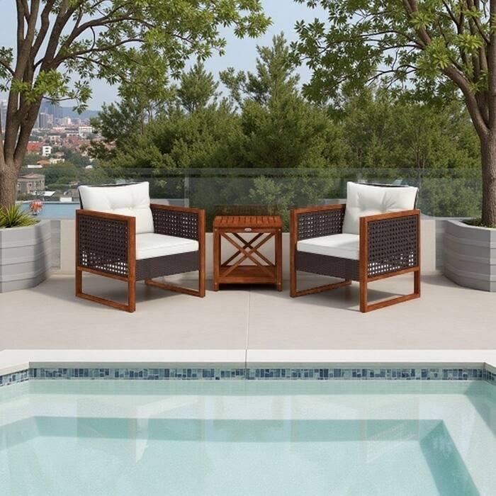 3-Piece Outdoor Bistro Set with Cushioned Chairs and PE Rattan Wood Table, Weather-Resistant Patio Furniture for Porch