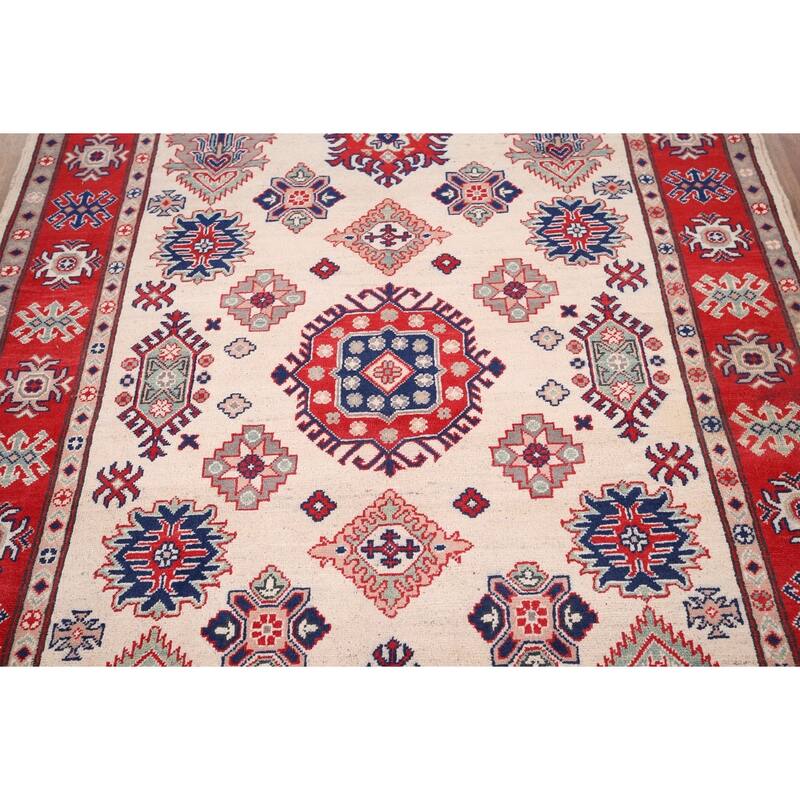 Geometric Kazak Area Rug Hand-Knotted Bedroom Beige Wool Carpet - 5'2" x 6'7"
