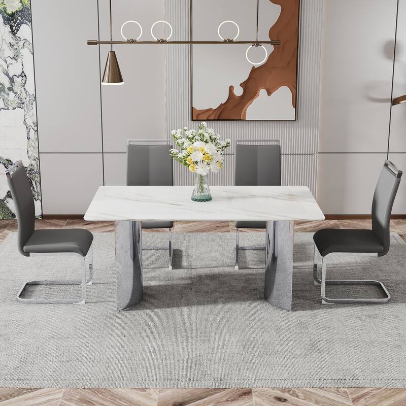 Modern Marble Glass Dining Set with Stainless Steel Legs & PU Chairs