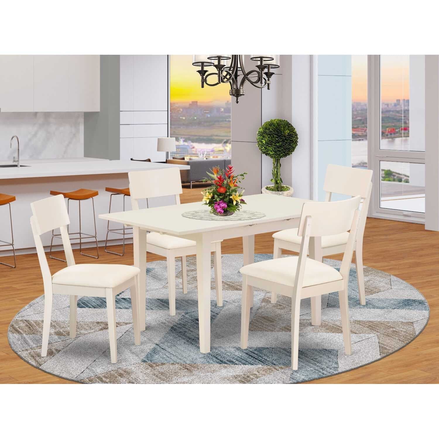 5-Piece Linen White Finish Solid Wood Top - Rectangular Dining Room Set - Seats-4