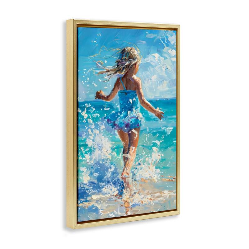 Stupell Girl Splashing on Shore Framed Floater Canvas Wall Art Design By LSR Design Studio