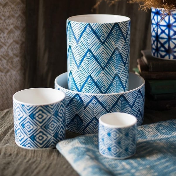 RusticReach Blue Print Ceramic Vase Planter in Various Patterns