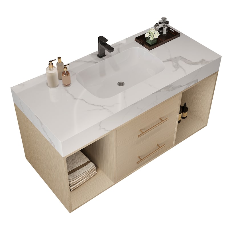 GDFStudio - Modern 39.4" Wall Mounted Floating Sintered Stone Bathroom Vanity with Seamless Ceramic Sink & Soft-Close Drawers