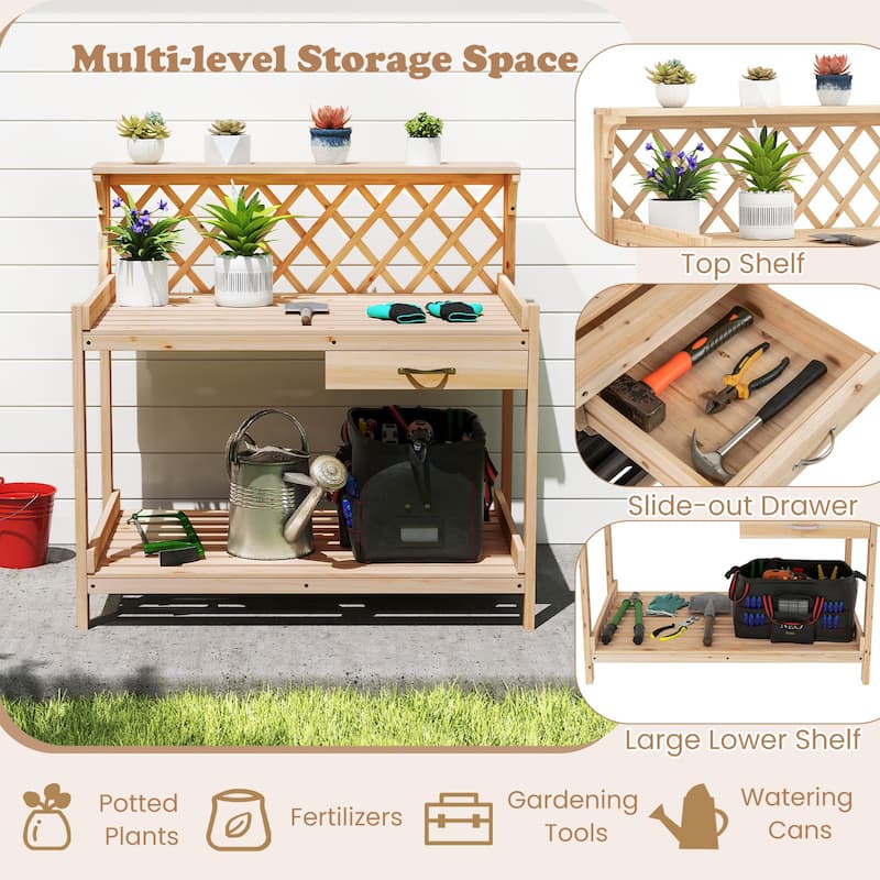 Gymax Garden Potting Bench Table w/Lattice Trellis Removable Drawer