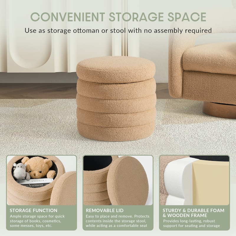 Bayville 16" Tall Sherpa Round Ottoman With Storage