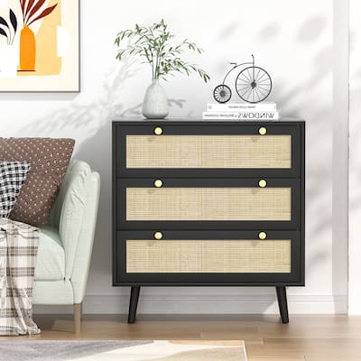 Anmytek Modern 3-Drawer Black Dresser Rattan Chest of Drawers for Bedroom