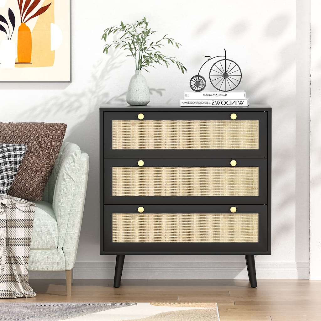Anmytek Modern 3-Drawer Black Dresser Rattan Chest of Drawers for Bedroom