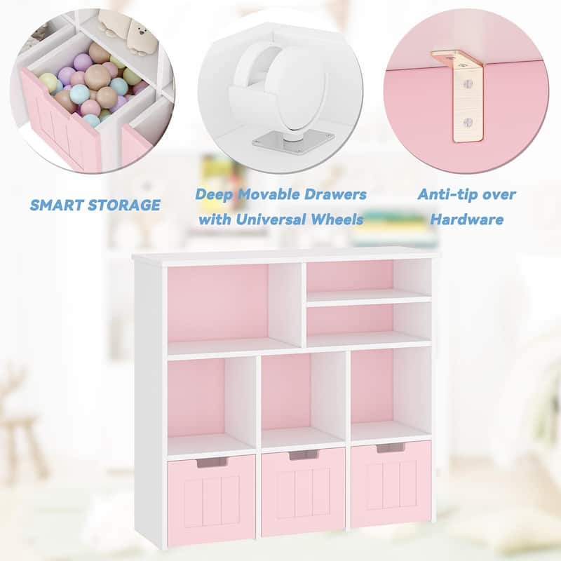 3-Tier Toy Storage Cabinet and Bookcase, Multi Shelf with Cubby Organizer Cabinet