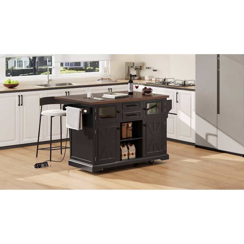 Kitchen Island with Drop Leaf, Power Outlet and 4 Door Shelves