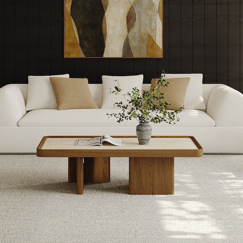 51.18" Mid Century Retangular Coffee Table, Beige Sintered Stone Table top, Solid Wood Legs