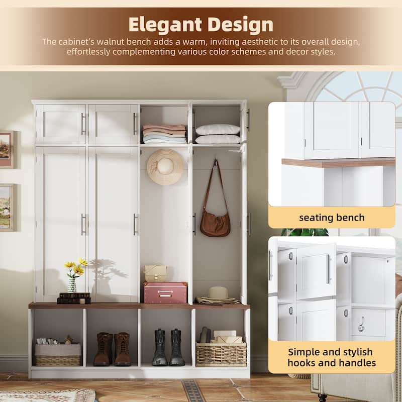 4 Hidden Hanging Hooks,Versatile Walnut Seating Bench With 8 Doors,Entryway Shoe Cabinet With Open Compartments