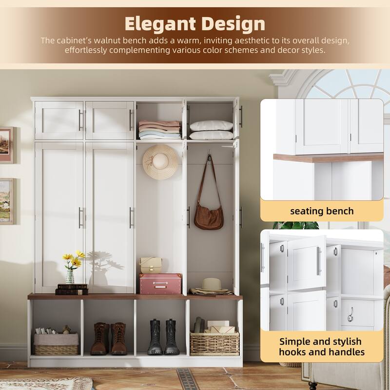 Farmhouse Hall Tree with 4 Hidden Hanging Hooks,Versatile Seating Bench with 8 Doors,Entryway Shoe Cabinet with Open Compartment