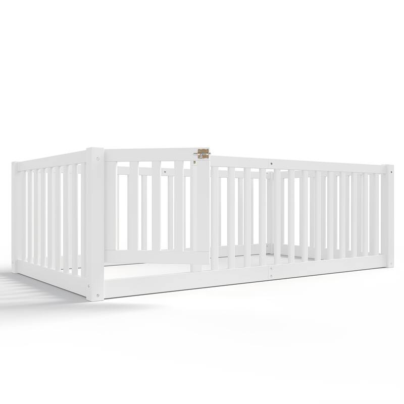 Montessori Floor Bed with Safety Guardrails & Door, Kids Low Profile Frame, Available in Queen/Full/Twin