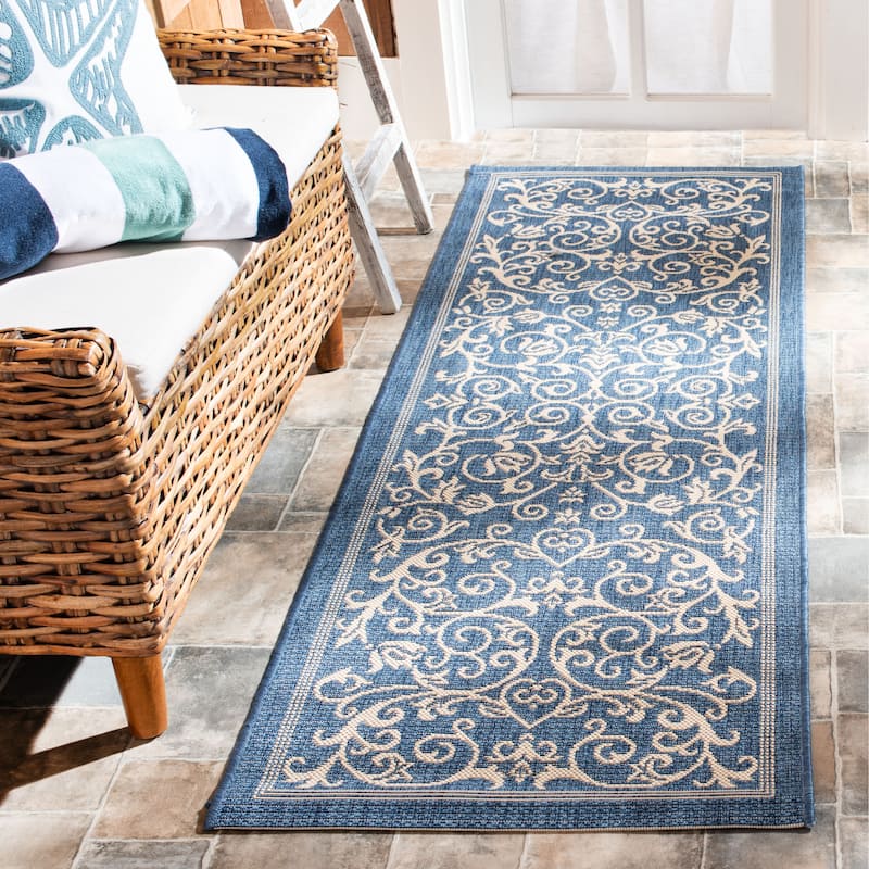 SAFAVIEH Courtyard Clarine Indoor/ Outdoor Waterproof Patio Backyard Rug - 2'3" x 6'7" Runner - Blue/Natural