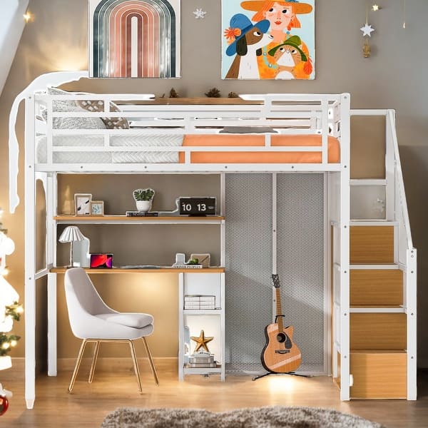 slide 2 of 16, Full Size Loft Bed with Storage Wardrobe and Staircase, Kids Metal Bed with Desk, Storage Shelves,White White