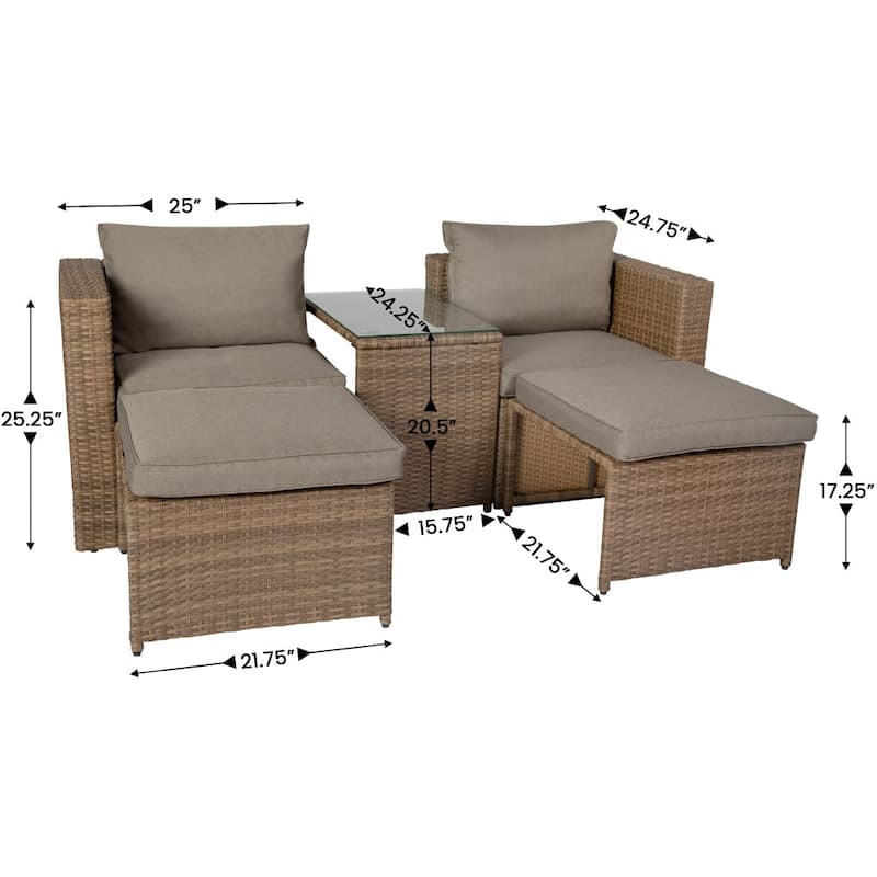 Indoor/Outdoor Modular Loveseat Sofa Set with Table and Ottomans - 24.75"D x 25"W x 30.25"H