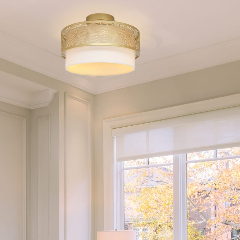 Celia River of Goods Gold Metal and White Fabric Drum 13.125-Inch Ceiling Light - 13.125" x 13.125" x 8.75"