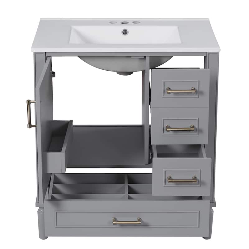 30"Bathroom Vanity with Ceramic Sink,Soft-Close Door with Built-in Shelf,Standard Drawer,Divider Drawer,Ample Storage Cabinet