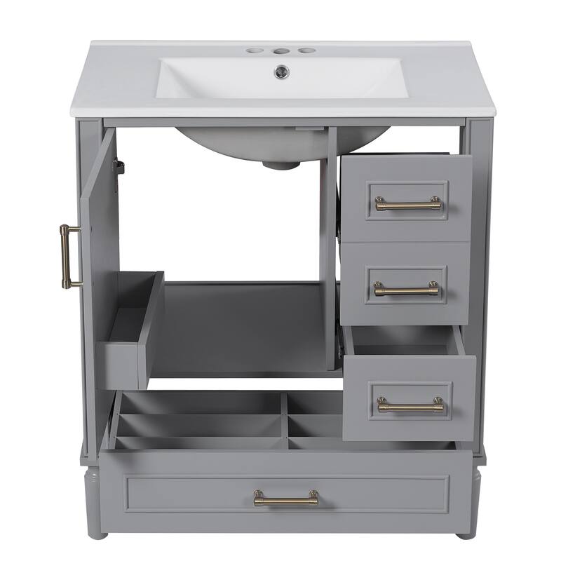 Solid Wood Bathroom Vanity with Ceramic Sink, Bathroom Storage Cabinet with 3 Drawers, Soft Close Doors & Built-in Shelf