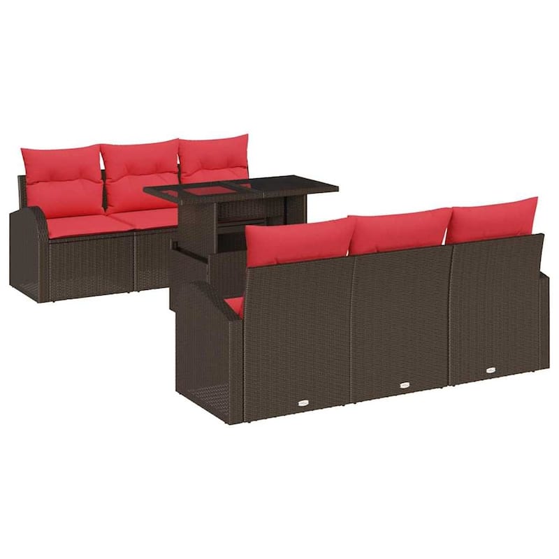 vidaXL 7 Garden Sofa Set with Cushions Black/Brown/Grey Poly Rattan - 70.5 x 24.4 x 27.2