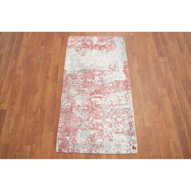 Hand Knotted Oriental Viscose Silk Carpet Modern All-Over Multi-Colored Abstract Area Rug - 4' 0'' X 2' 0''
