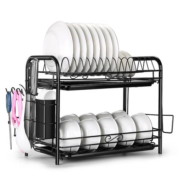 Large Capacity Dish Rack 2 Tier w// Utensil Holder Drainer Drying Kitchen Storage