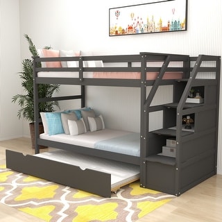 Twin Over Twin Solid Wood Bunk Bed With Twin Trundle and 3-Storage ...