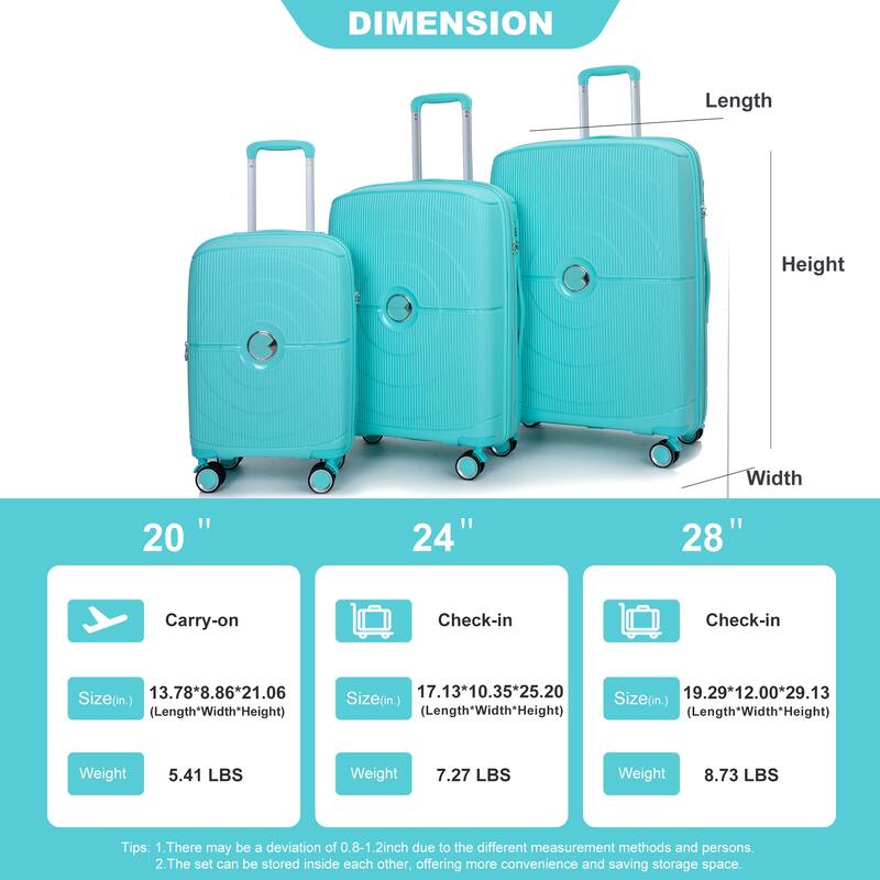 Expandable Hardshell Suitcase Double Spinner Wheels PP Luggage Sets 3-Piece Set (20/24/28) - Lake Blue