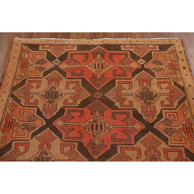 Brown Tribal Ardebil Persian Vintage Runner Rug Handmade Wool Carpet - 3'7"x 9'6"