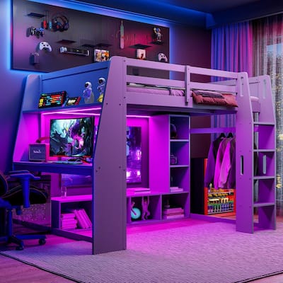 Twin/Full Size Gaming Loft Bed with Desk, Multi-functional Teens Kids Bed Frame with Cabinets, LED Light and Clothes Rack