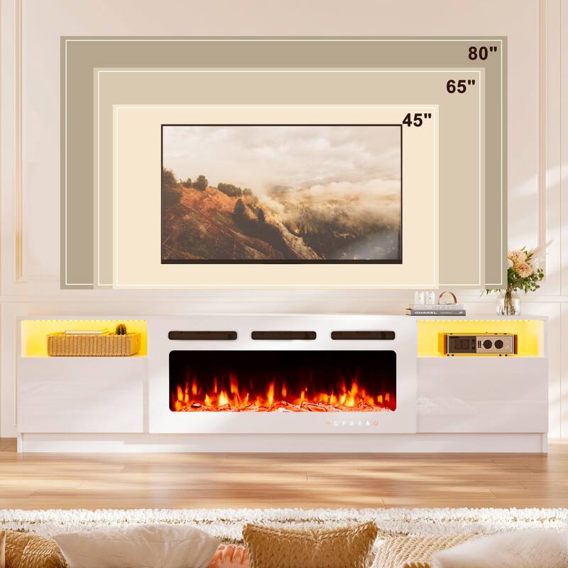 36'' Electric Fireplace TV Stand, Entertainment Center & TV Console for TVs up to 80'', Modern Fireplace Heater for Living Room - White 80"