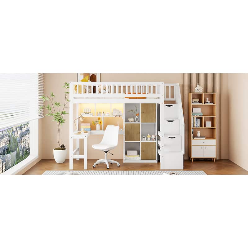 Roomfitters Twin Wood Loft Bed with Built-in Desk, Storage Cabinets and LED Light