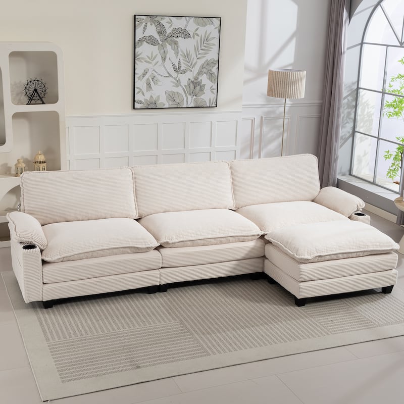113" L Shaped Sectional Sofa, Deep Seat Cloud Couch with Ottoman, Oversized Corduroy Couch with Cup Holders, Storage Bags