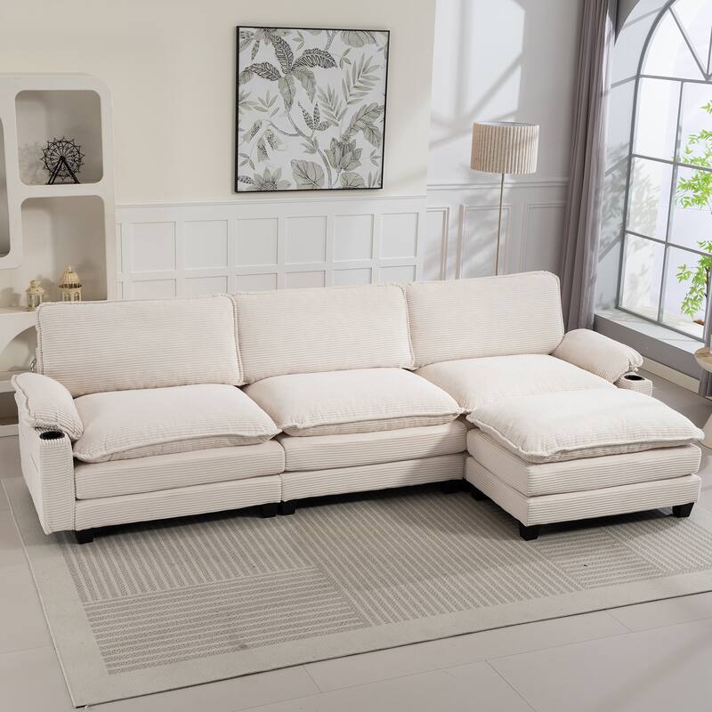 L-Shaped Modular Sectional Sofa with Ottoman, Oversized Corduroy Upholstered Cloud Couch with Cup Holders & Side Pockets