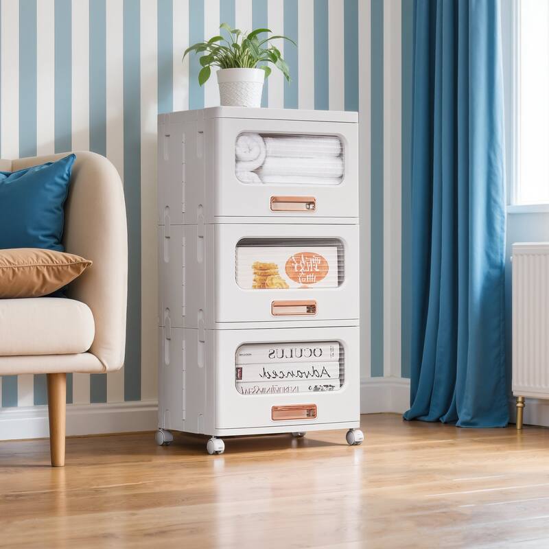 VECELO White Rolling Storage Cabinet with Transparent Doors 1/2/3-Tier Plastic Storage Bins with Wheels for Bedroom Living Room