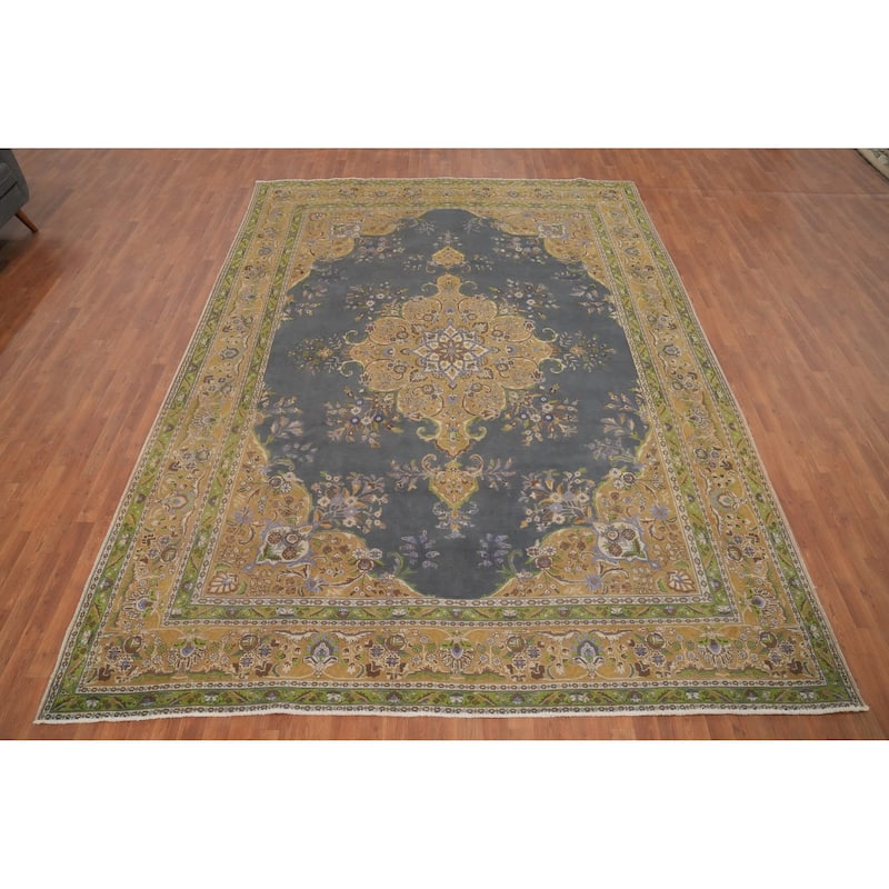 Hand Knotted Oriental 100% Wool Carpet Traditional Floral Greys & Charcoal Tabriz Area Rug - 12' 8'' X 9' 4''