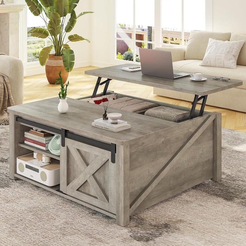 Coffee Table Lift Top Square Center Table Barn Door Adjustable Shelves - Grey