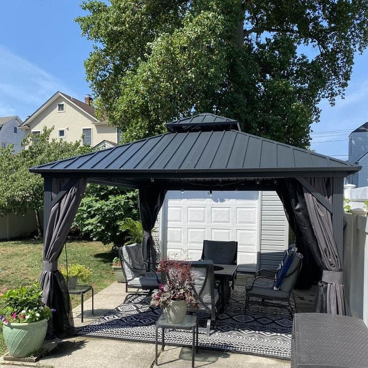 PURPLE LEAF Outdoor Galvanized Steel Hardtop Gazebo, Aluminum Frame Gazebo With Curtains