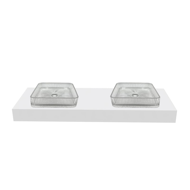 Plaza 15" Square Decorative Crystal Vessel Sinks With White Base - 60"Countertop - 15"Clear