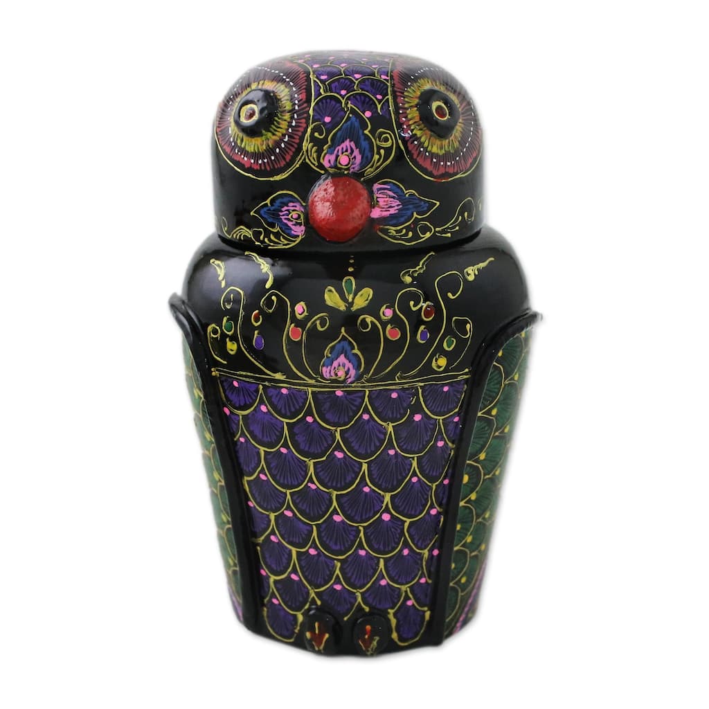 Handmade Owl and Its Secrets Lacquered Mango Wood Box (Thailand)